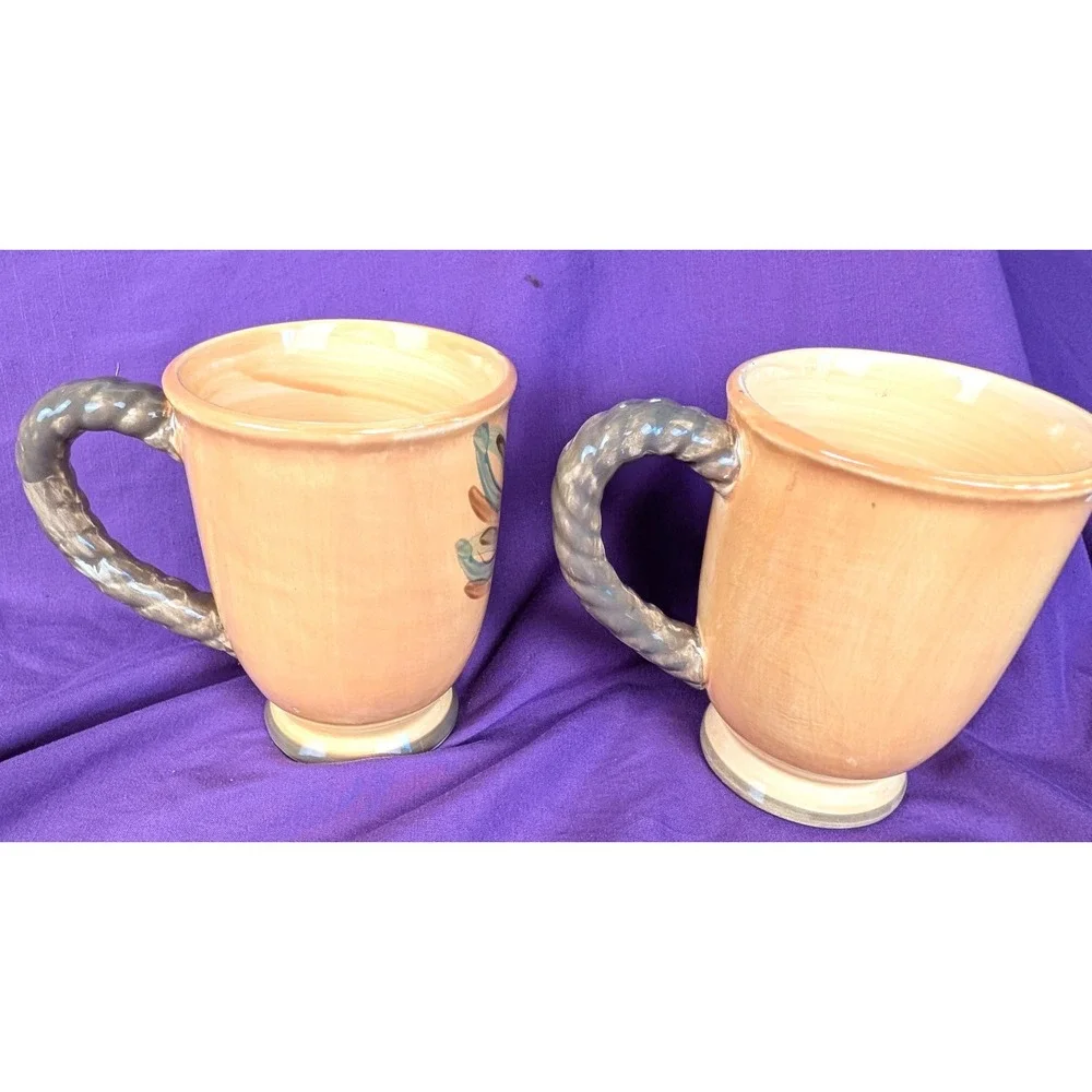 Gibson BISTRO ITALIA 2 Mugs Olive Branch Rope Handles Hand Painted 16oz